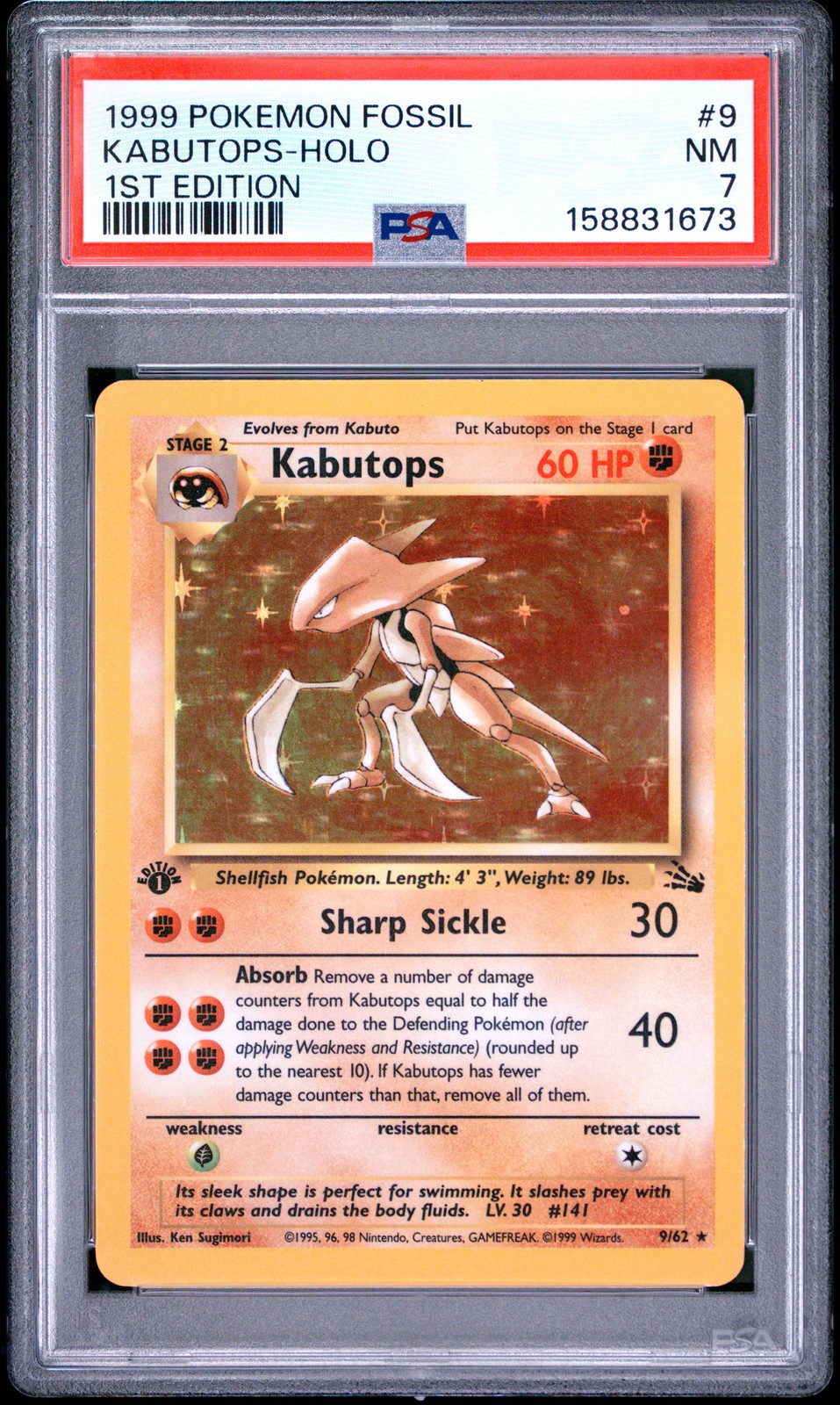 1999 POKEMON FOSSIL 1ST EDITION #9 KABUTOPS-HOLO PSA 7