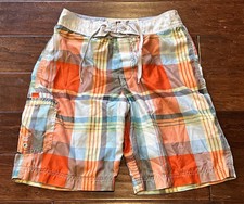 American Eagle Red Orange Plaid Mens Small Lined Cargo Board Shorts Swim Trunks