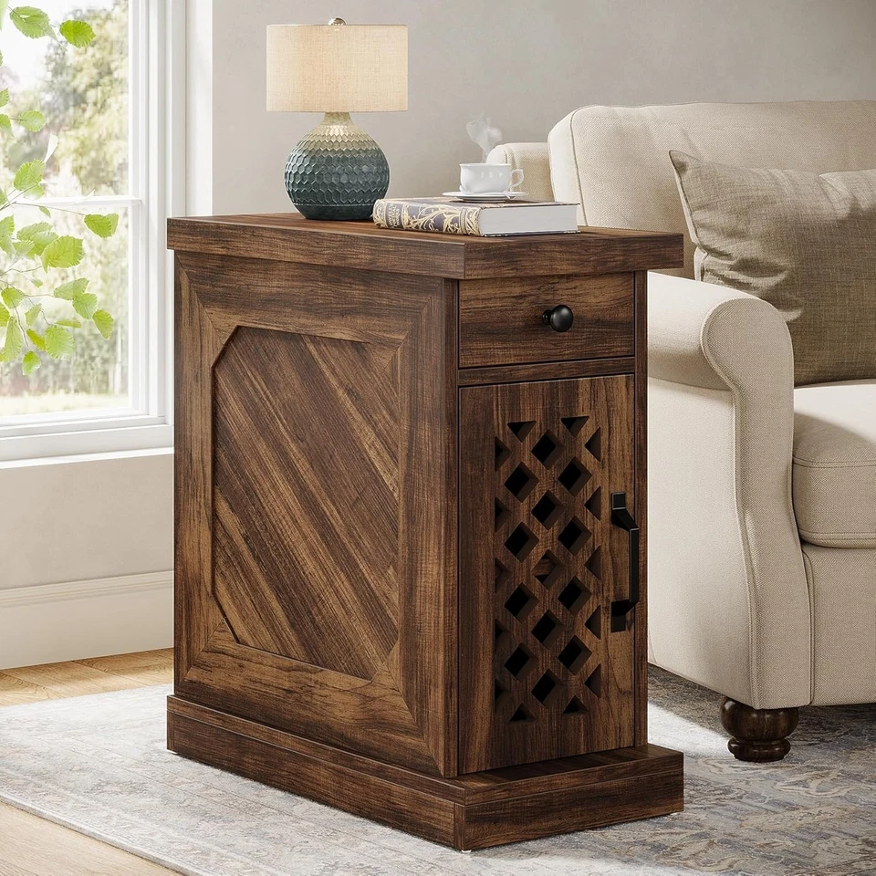 Farmhouse End Table, Rustic Small Side Table with Drawer for Living Room, Brown - Image 2 of 4