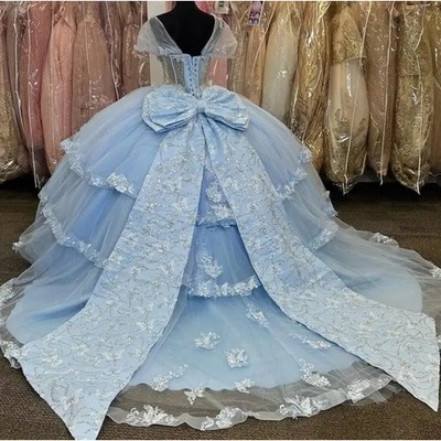 Light Blue Quinceanera Dresses Birthday Party Lace Up Graduation Gown With  Bow | eBay