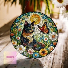 Tortoiseshell Cat Suncatcher: Floral Garden Glass Hanging
