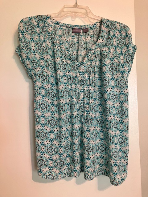 Women's M Laura Scott Teal Green Floral Blouse Short Sleeve V-Neck