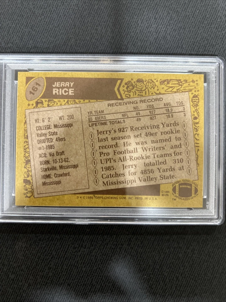 Tarjeta de novato 1986 Topps - Jerry Rice 49ers NFL #161 EX-MT PSA 6 con estadísticas récord Foto 3 de 3