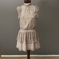 Express Leopard Print Smocked mini dress Flutter Sleeves Brown White Sz XS