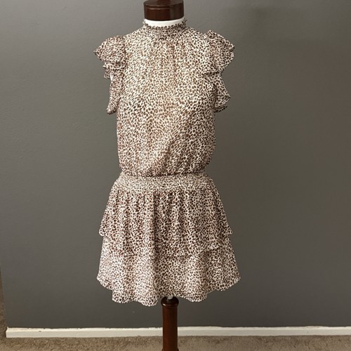 Express Leopardenmuster gesmoktes Minikleid Fluttler SLeeves braun weiß Gr. XS - Bild 1 von 9