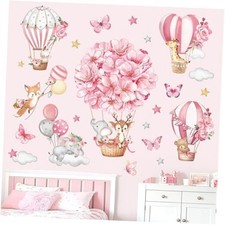 Pink Hot Air Balloon Animal Wall Decals Flowers Balloons Elephant Deer Fox