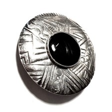 Signed Artist ©WOODS 925 Pin-BOHO-Black Onyx Cabochon, Rim/Navajo-Zuni Symbolism