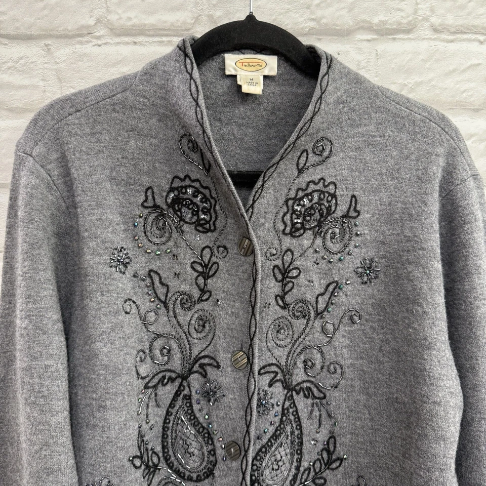 Talbots 刺绣串珠毛衣开衫灰色美利奴羊毛女士 M 码 — 第 2/4 张图片