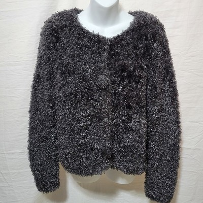 Michael Simon Cardigan Sweater Shaggy Knit Button Front Size Large Grey Vtg 1998
