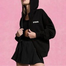 PINK Victoria's Secret Black Full Zip Hoodie Logo Women's Size M