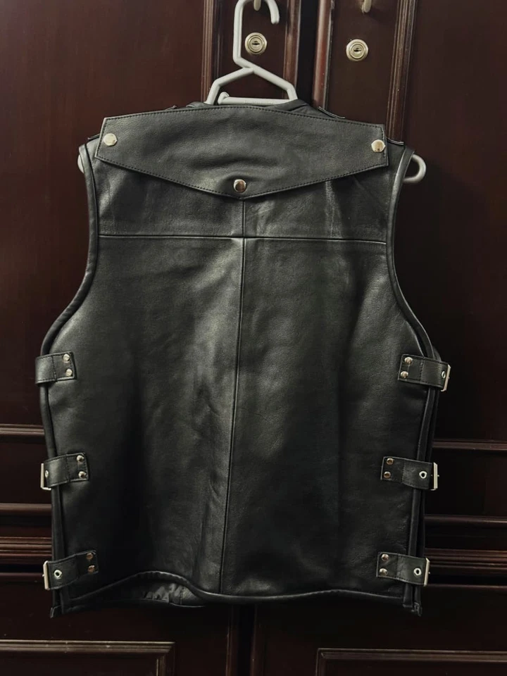Mens Genuine Leather Biker Vest Gothic Steampunk Style with Metal Buckle & Studs - Image 4 of 4