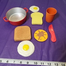8pc Play Food Lot 2 FRIED EGGS Bread Slice Toast Knife Pancake w/syrup Cup  Pan