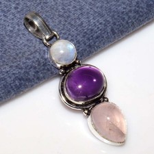 925 Silver Plated Rose Quartz Natural Amethyst Pendant 2" Women Gifts Trendy GW