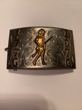 VTG Silver Belt Buckle W/Gold Detail Intricate Scroll Work Western PREOWNED