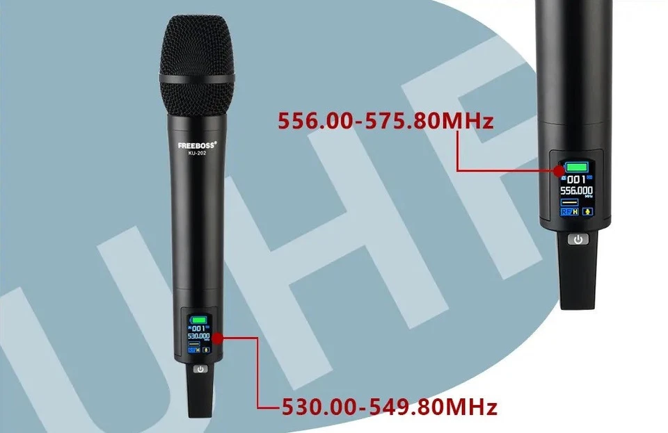 Freeboss wiederaufladbares kabelloses Mikrofon 2-Wege-UHF-Frequenz Beschreibung - Bild 4 von 4