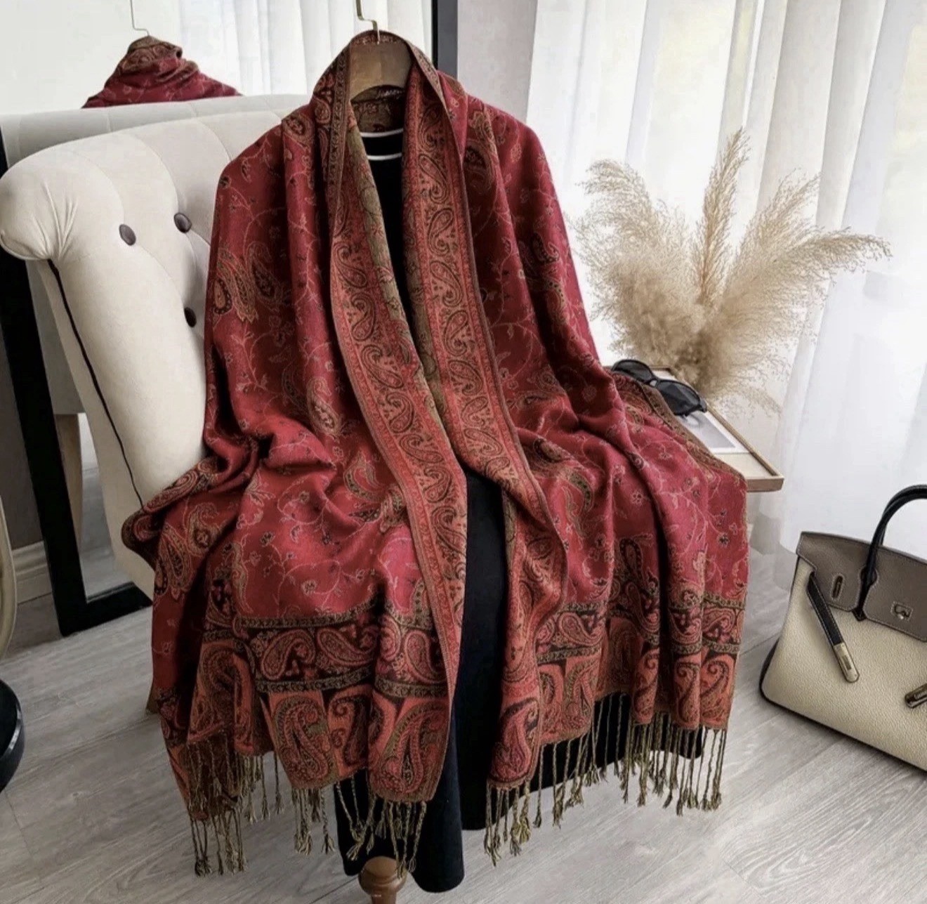 Bufanda estilo bohemio pashmina roja cachemira jacquard 2 tonos borlas chal vintage