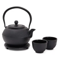 Cast Iron Tea Kettle 2 Cups Set Contemporary Dutch Hobnail Style w/Trivet 1200ml