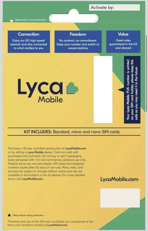 Kit de cartão SIM pré-pago Lyca Mobile USA 5G/4G | Planos ilimitados a partir de US$ 10/mês - Imagem 2 de 3