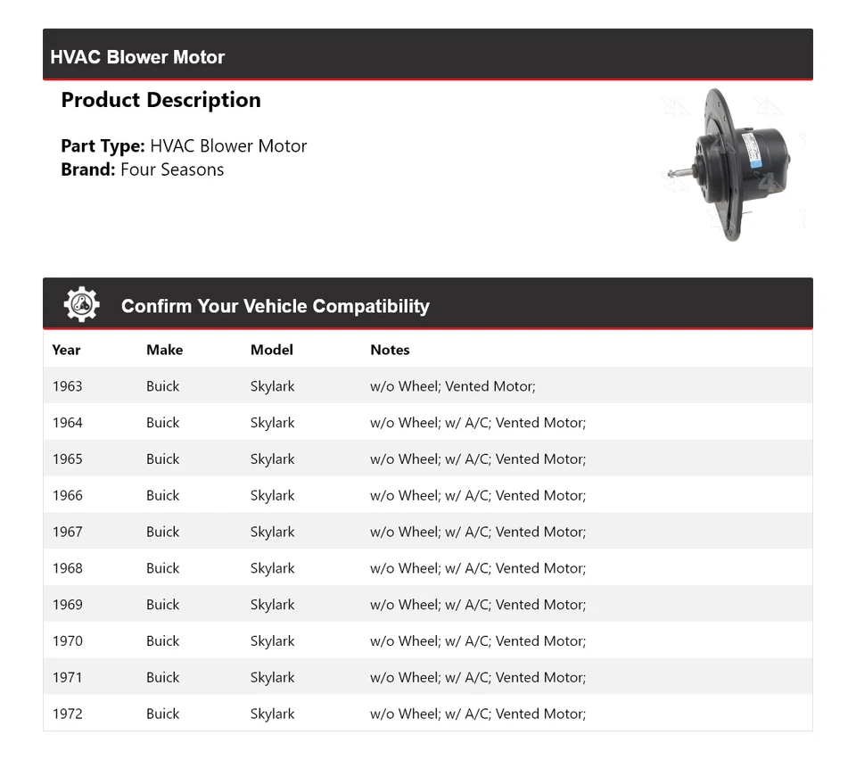 Motor de soprador AVAC Buick Skylark 1963-1972 4 estações 1964 1965 1966 1967 1968 - Imagem 2 de 4