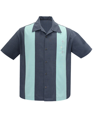 Steady Clothing Hemd Three Star Panel Charcoal Vintage Bowling Shirt Retro Stern