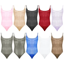 Men's Glossy Sheer Sling Bodysuit Spaghetti Straps High Cut Leotard Underwear