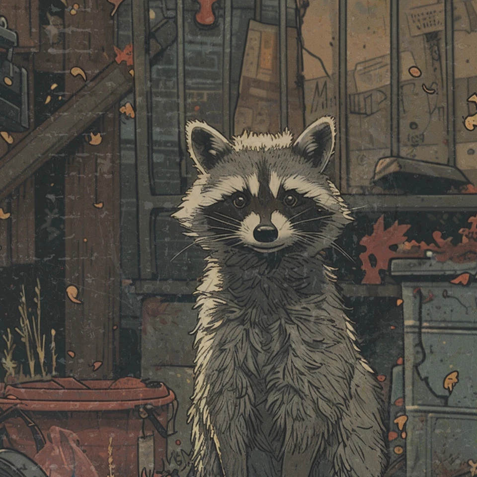 Arte de pared RETRO MAPACHE, póster vintage de panda de basura, póster de animales urbanos del bosque Foto 2 de 4