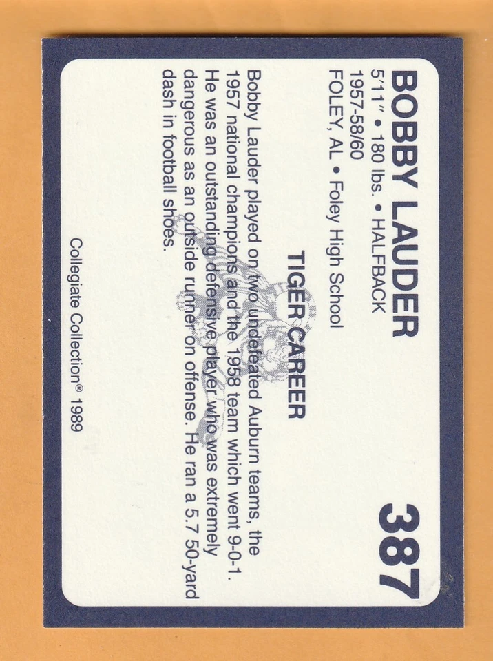 Bobby Lauder Auburn Tigers 1989 Card #387 Foley Alabama 12J - Image 2 of 2