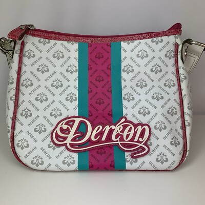 Dereon Purse Shoulder Bag White Pink Teal Faux Leather Logo Pattern