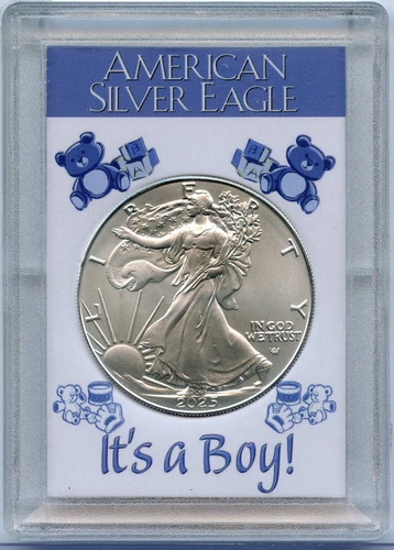 2025 American Silver Eagle 1 Oz It's A Boy Newborn Gift Holder Case Gem BU Coin