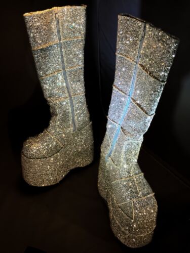Demonia Stack-301 Silver Glitter GoGo Boots (Knee High, Platform) | Men's Size 5 - Picture 1 of 10