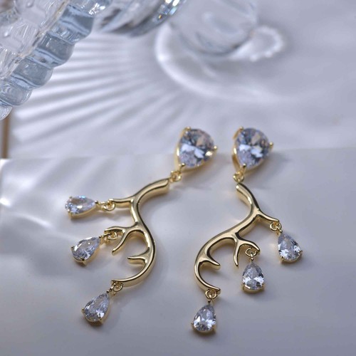 Gold horn antler stud simulated diamond cz earrings 925 silver dangle tear drop - Picture 3 of 8