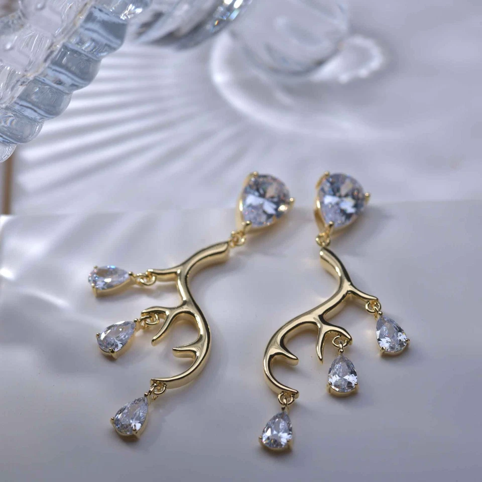Gold horn antler stud simulated diamond cz earrings 925 silver dangle tear drop Foto 3 de 4