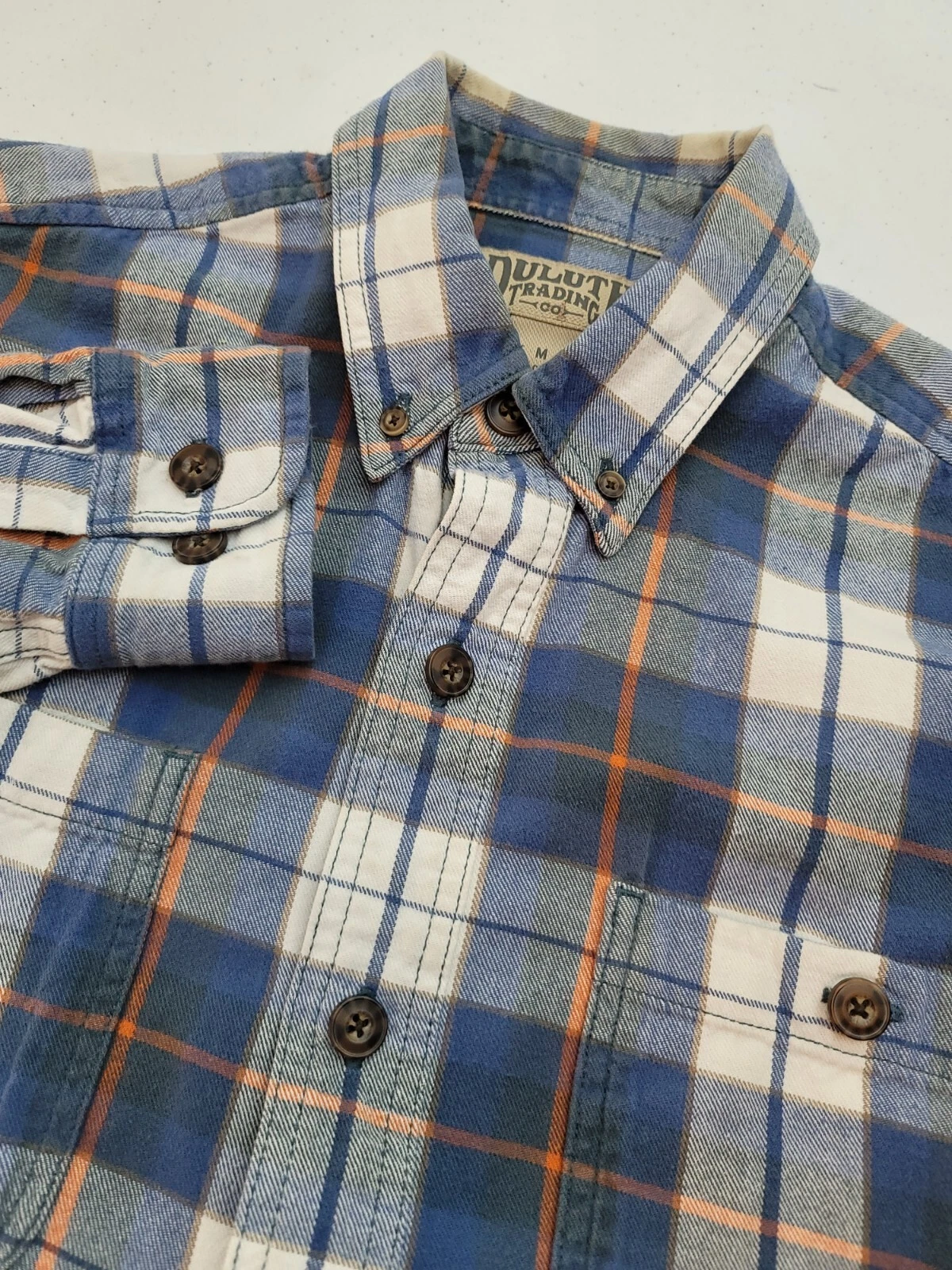 Duluth Trading Flannel Shirt Mens M Blue Plaid Long Sleeves Outdoor