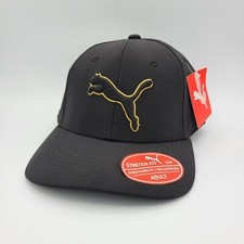 PUMA Hat Baseball Cap Blackout On Black Gold Cat Logo Stretch Fit S/M Golf Run