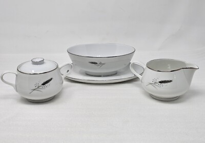 Vtg Easterling Kora Gravy Boat Creamer & Sugar Bowl Wheat Design Platinum Trim 