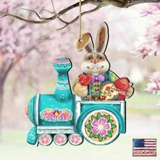 Bunny Train Ride Easter Rabbit Ornament Debrekht Made in USA Birch Wood Spring