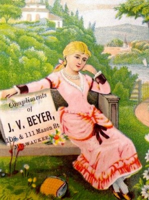 J.V. Beyer Complimentary Lovely Lady Bench Daisies Boat Victorian Trade Card D2