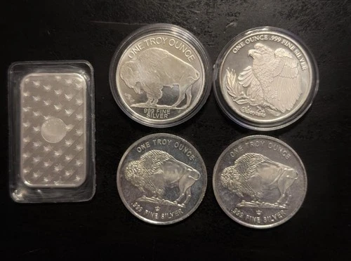 5 oz .999 Silver Bar and Rounds Bullion Lot