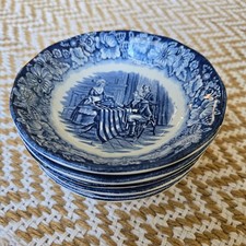 6x Vintage Blue Dish Bowl Historic Colonial Scenes Betsy Ross Flag England