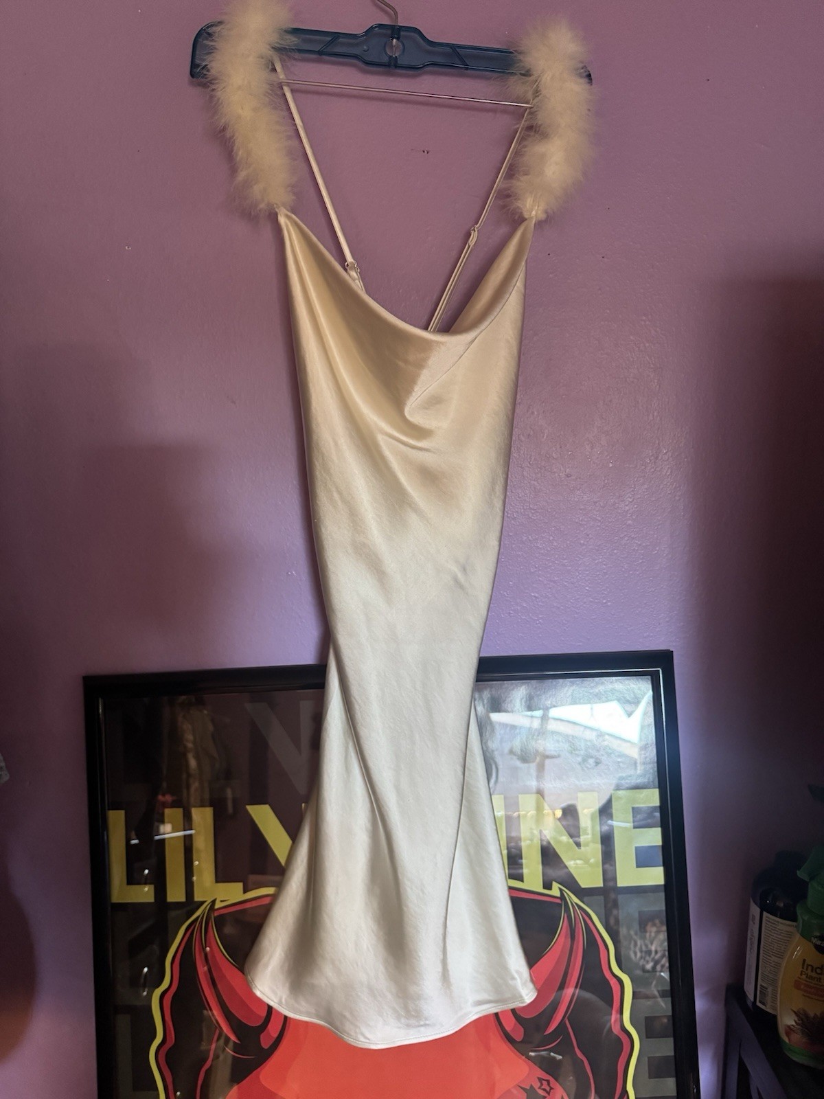 Forever 21 White Satin Dress with Feather Trimmed Straps Size Small New With Tag