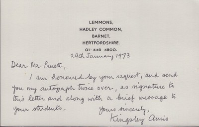 KINGSLEY AMIS - AUTOGRAPH LETTER SIGNED 01/29/1973