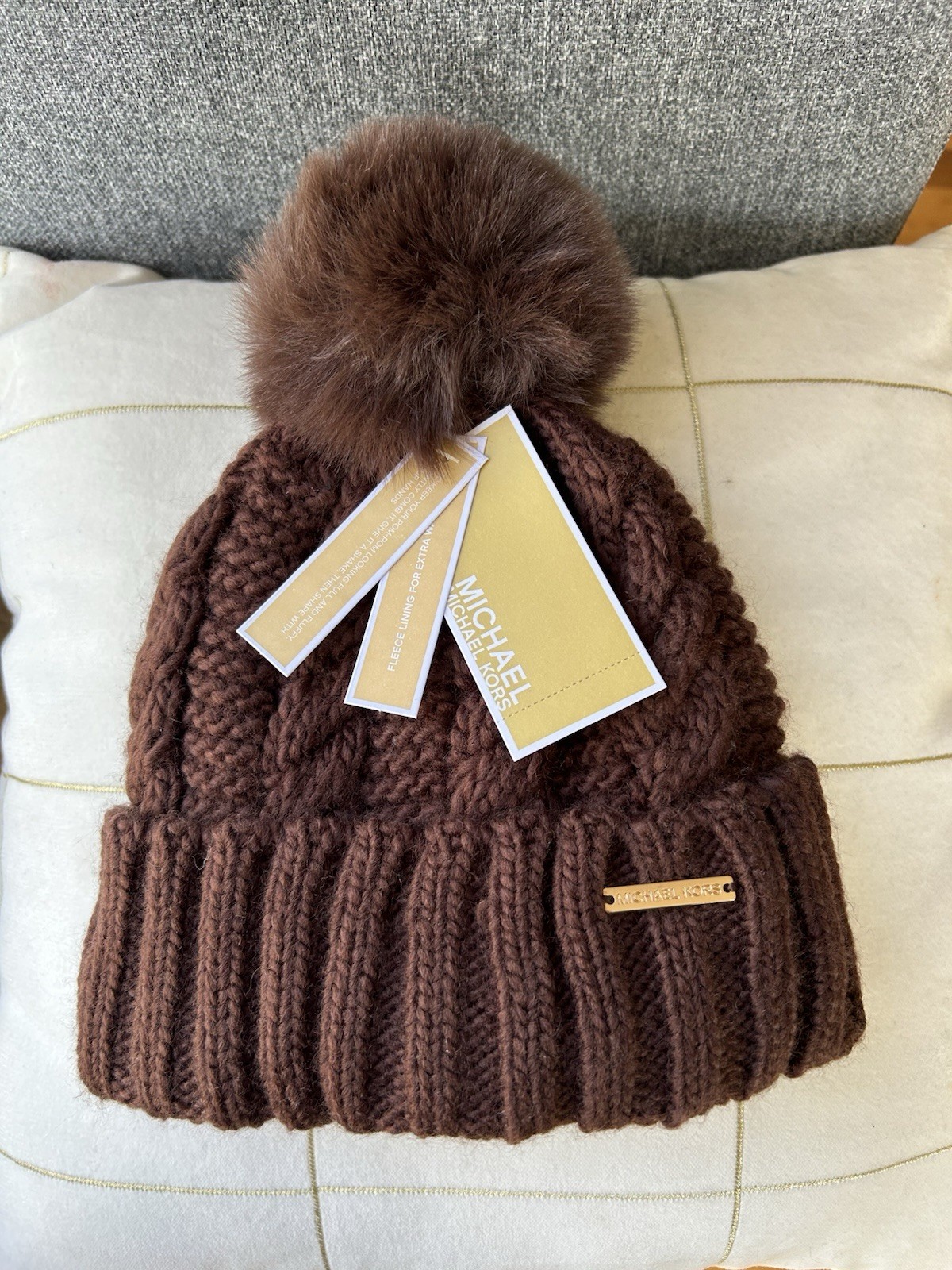 New! Michael Kors Cable Knit Pom Fleece Lined Beanie Hat Brown Womens, MSRP $68