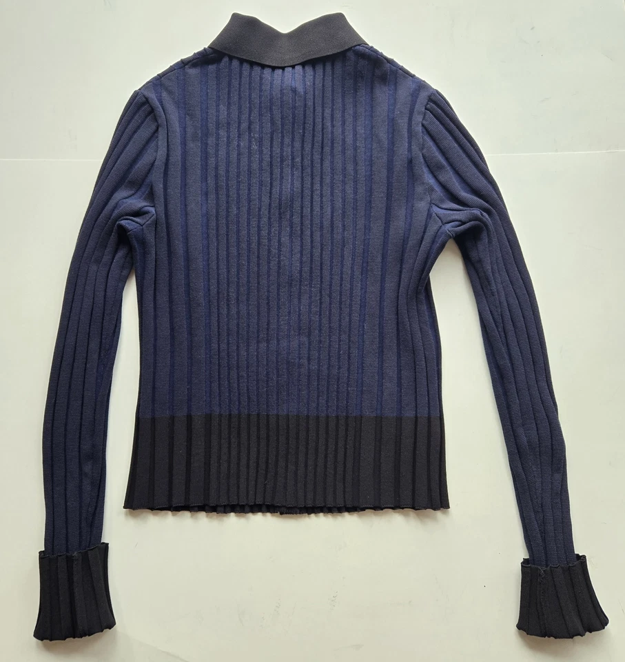 Maison Kitsune 蓝色和黑色条纹罗纹棉质开衫带刺绣狐狸 — 第 2/4 张图片