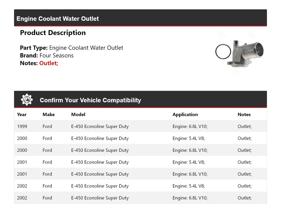 Salida de agua refrigerante motor Econoline Super Duty 99-02 4 estaciones Foto 2 de 4