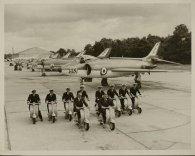 Fleet Air Arm pilots riding Pina midget motor cycles specially con- Old Photo 1