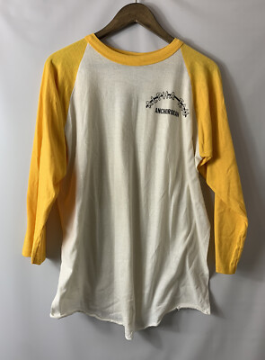 Vintage 80s Alpha Tau Anchorman Raglen Shirt White Yellow Size Large Bantum