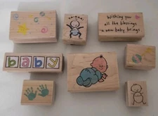 Inkadinkado, Set 8 Stamps Baby Shower Announcement Wood/ Rubber Stamp Scrapbook