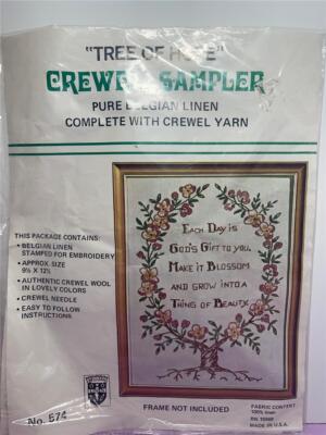 TREE OF HOPE Crewel Embroidery Sampler - 9.5'' x 12.5'' Belgian Linen/Wool Yarn