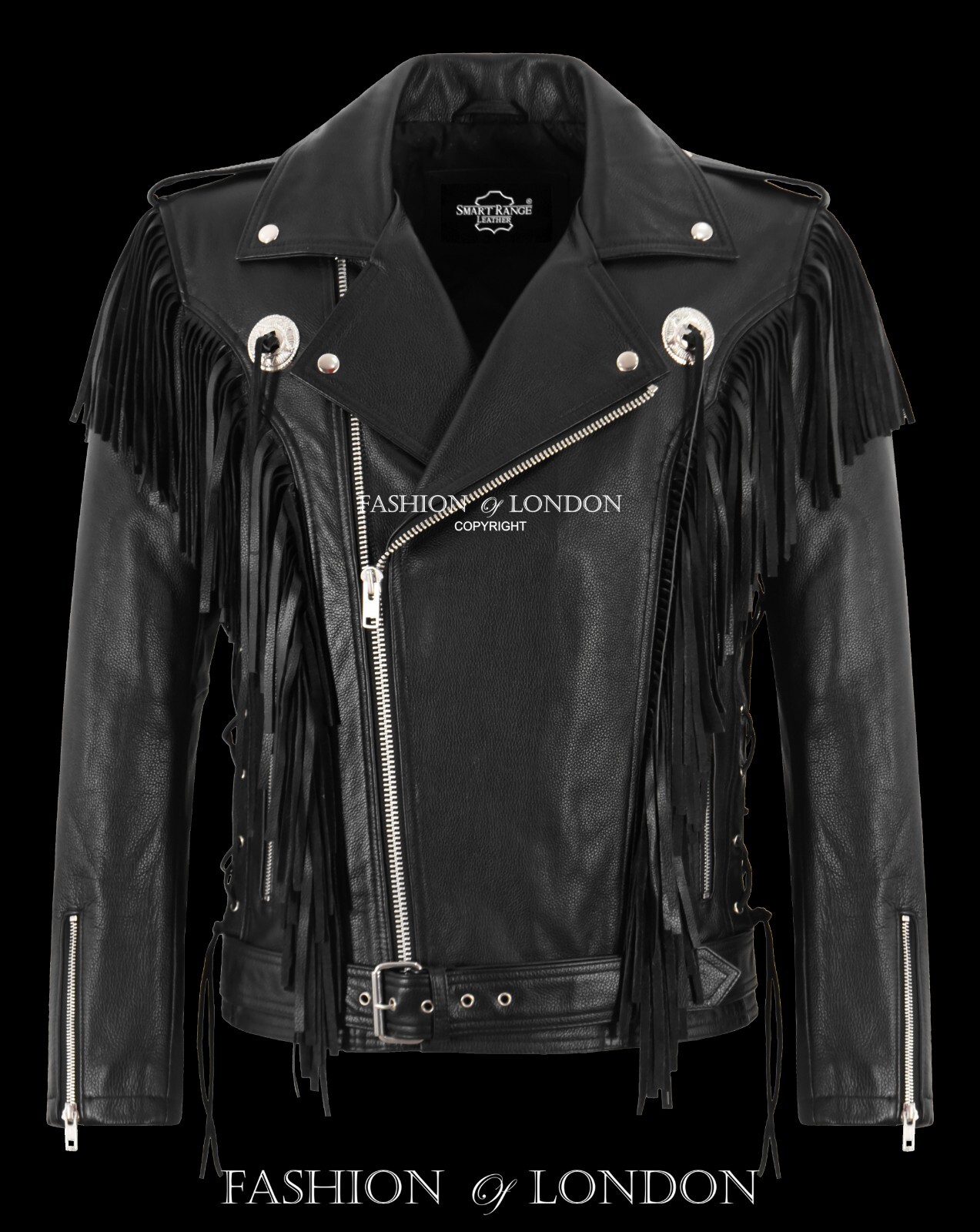 Chaqueta de cuero de vaca estilo motociclista occidental con flecos de vaquero negros con cremallera cruzada para hombre