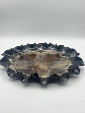 Hand Crafted Studio Art Clay Platter Brown Glaze Pattern With Lettuce Edging